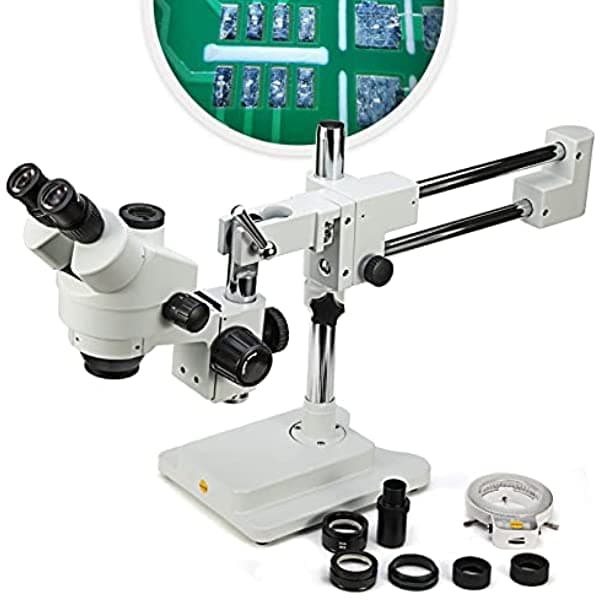 Swift S7 3.5X-90X Microscopio Estéreo con Zoom Simulfocal Profesional con Oculares WH10X, Objetivo 0.7X-4.5X, Luz Anular de 144 LED, Soporte de Brazo Doble, Incluye Lente Barlow 0.5X y 2.0X S7-TD520-EA10-144
