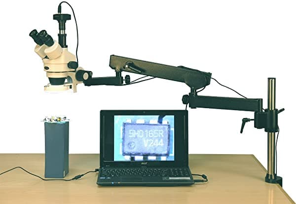AmScope SM-8TZ-144S-5M Microscopio Trinocular Profesional con Zoom Digital, Oculares Estéreo WH10X, Zoom de Aumento 35X-90X, Lente 0.7X-4.5X, Aro de Luz de 144 LED, Soporte de Brazo Boom Articulado, 110V-240V, Incluye Lente Barlow 0.5X y 2.0X y Cámara de 5MP con Lente de Reducción y Software