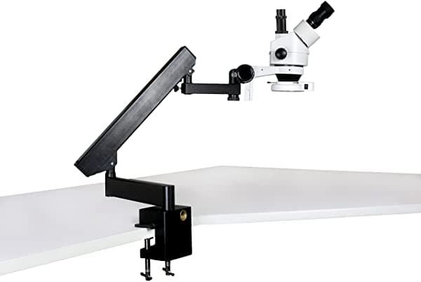 Vision Scientific VS-7F-IFR07 Microscopio Estéreo Trinocular con Zoom, Ocular Widefield 10X, Zoom 0.7X-4.5X, Rango de Zoom 7X-45X, Rango de Aumento 7X-45X, Soporte de Abrazadera de Brazo Articulado, Aro de Luz de 144 LED