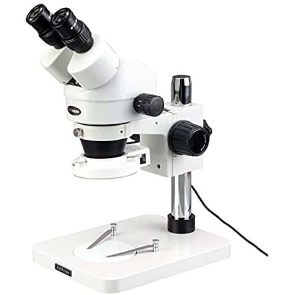 AmScope SM-1BSZZ-144S Microscopio Estéreo Binocular Profesional con Zoom, Oculares WH10X y WH20X, Zoom de Aumento 35X-180X, Lente 0.7X-4.5X, Aro de Luz de 144 LED, Soporte de Pilar, 110V-240V, Incluye Lente Barlow 0.5X y 2.0X