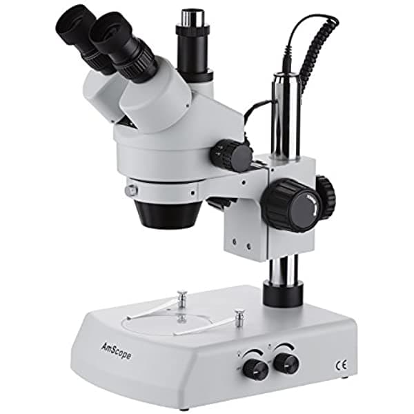 AmScope SM-2TZ Microscopio Trinocular Profesional con Zoom, Oculares Estéreo WH10X, Zoom de Aumento 35X-90X, Lente 0.7X-4.5X, Iluminación Halógena, Soporte de Pilar Superior e Inferior, 110V-120V, Incluye Lente Barlow 0.5X y 2.0X