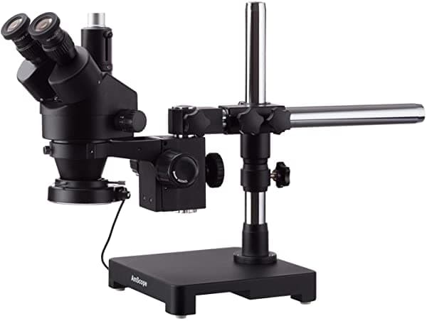Amscope Microscopio Estéreo 7X-45X Negro Trinocular Con Zoom En Soporte De Brazo Único + Anillo De Luz Compacta De 144 Led SM-3T-144S-B