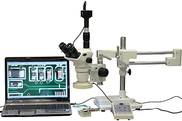 AmScope ZM-4TNW3-80AM-5M Microscopio Estéreo Trinocular Profesional con Zoom Digital, Oculares EW10X y EW25X, 2X-225X Aumentos, Lente de Zoom 0.67X-4.5X, Aro de Luz LED de Ocho Zonas, Soporte de Brazo Boom Doble, 110V-240V, Incluye Lente Barlow 0.3X y 2.0X, Cámara de 5MP con Lente de Reducción y Software