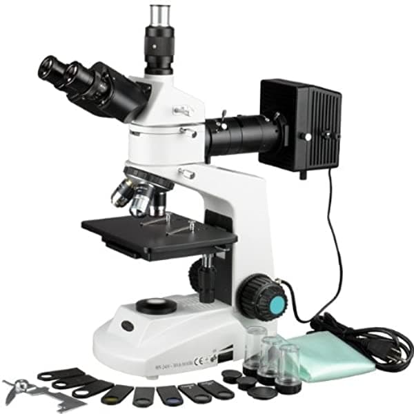 AmScope ME320TWA-PZ-2L Microscopio Metalúrgico Trinocular Polarizante, Oculares WF10X y WF16X Deslizantes, 40X-1600X Aumentos, Iluminación Halógena Episcópica y Diascópica con Reostato, Platina Mecánica de Doble Capa, Cabezal de Alta Resolución, Óptica, 90-240V