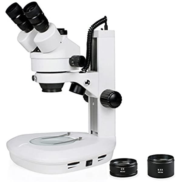 Vision Scientific VS-2FZ Microscopio Estéreo Trinocular con Zoom, 0.7X-4.5X, Rango de Aumento 3.5X-90X, Lente Auxiliar 0.5X y 2X, Iluminación LED Dual, Soporte de Pista