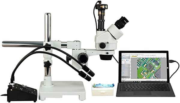 OMAX W43A1-D3X2-E20-L3WLED-C90U 21X-180X Microscopio Trinocular con Zoom Digital de 9MP, Soporte de Brazo Boom Estéreo + Luz LED Dual de 6W Cuello de Cisne