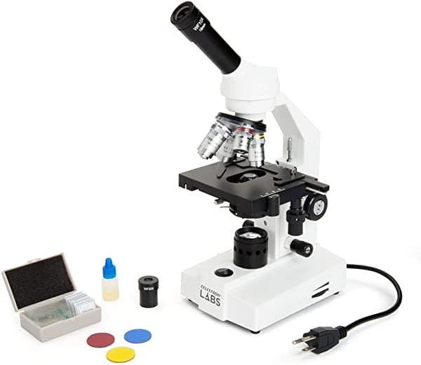 Celestron Labs - Microscopio Compuesto de Cabezal Binocular - Aumento 40-2000X - Platina Mecánica Ajustable - Incluye 2 Oculares y 10 Portaobjetos Preparados 44130