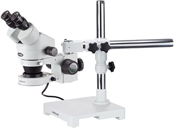 AmScope SM-3B-80S Microscopio Estéreo Binocular Profesional con Zoom Oculares WH10X Aumento 7X-45X Lente con Zoom 0.7X-4.5X Aro de Luz LED de 80 Bombillas Soporte de Brazo Boom de Un Brazo 90V-265V