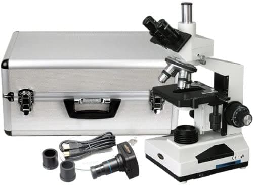AmScope T400A-M-AC Microscopio Trinocular Compuesto Digital Oculares WF10X y WF16X 40X-1600X Aumento de Campo Claro Iluminación Halógena con Reóstato Condensador Abbe de Doble Capa Platina Mecánica Deslizante Cabezal de Óptica de Alta Resolución Incluye Cámara de 13 MP con Lente de Reducción Software y Caja de Aluminio