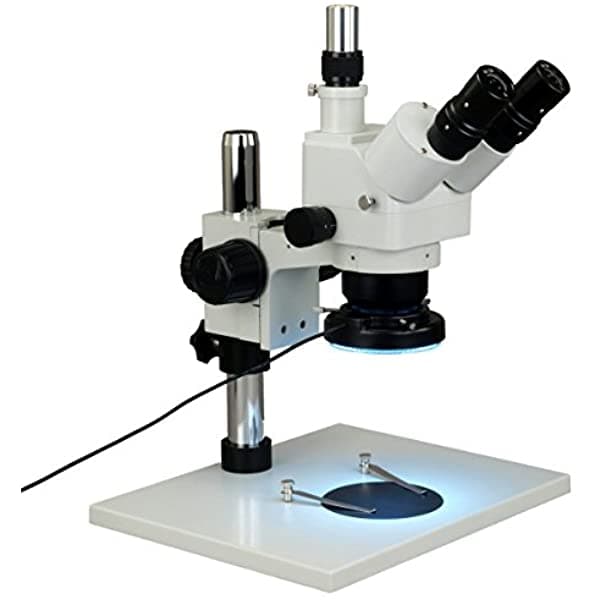 OMAX 5X-80X Microscopio Trinocular + Lente Barlow 0.5X + Carcasa Metálica + Aro de Luz de 144 LED + Soporte de Mesa G43PT-L144L