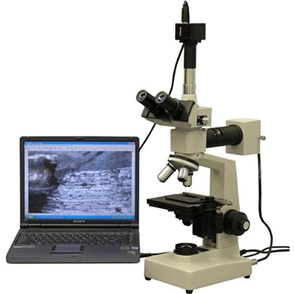AmScope ME300TZC-2L-8M Microscopio Trinocular Metalúrgico Digital Episcópico y Diascópico Oculares WF10X y WF25X 40X-2500X de Aumento Iluminación Halógena Enfocada con Reóstato Platina Mecánica de Doble Capa Deslizante Cabezal de Óptica de Alta Resolución Incluye Cámara de 8 MP con Lente de Reducción y Software