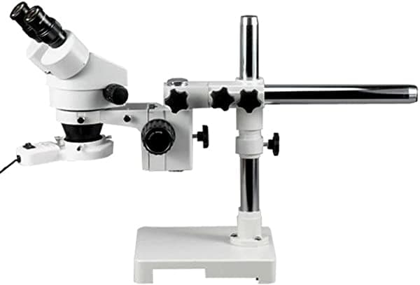 AmScope SM-3B-FRL Microscopio Estéreo Binocular Profesional con Zoom Ocular WH10X Aumento 7X-45X Objetivo con Zoom 0.7X-4.5X Luz Anular Fluorescente de 8 W Soporte de Brazo Boom de Un Brazo 110V-120V
