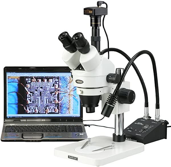 AmScope SM-1TS-L6W-5M Microscopio Estéreo Trinocular Digital Profesional con Zoom Oculares WH10X 7X-45X Aumento Lente con Zoom 0.7X-4.5X Luz LED de 6 W de Doble Cuello de Cisne Soporte de Pilar 85V-265V Incluye Cámara de 5 MP con Lente de Reducción y Software