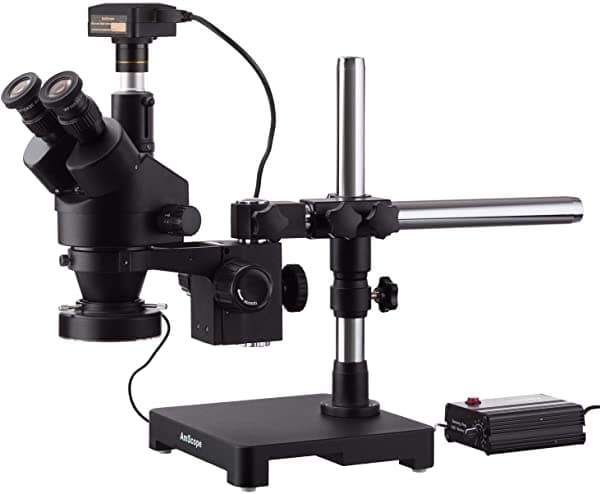 AmScope 7X-45X Microscopio Estéreo Trinocular con Zoom en Soporte de Un Brazo Negro con Aro de Luz de 80 LED de Alta Resistencia y Cámara Digital USB3.0 de 14 MP SM-3T-80MB-14M3-B
