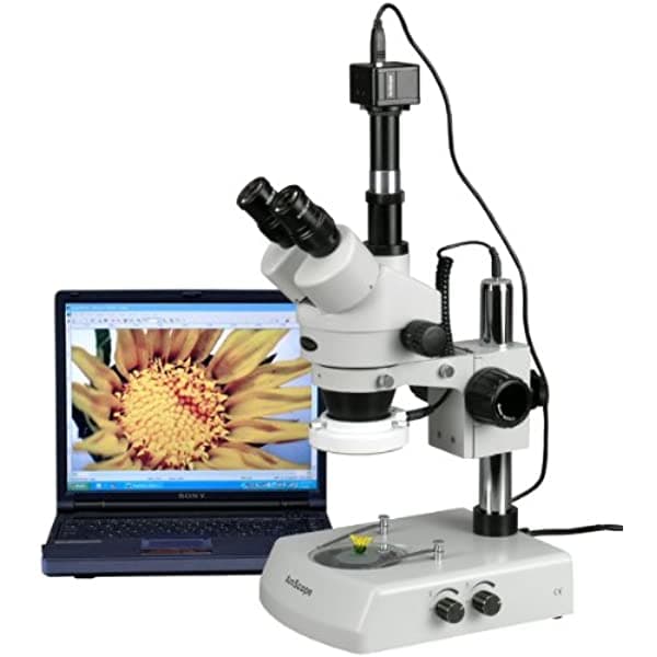 AmScope SM-2TZ-LED-14M Microscopio Estéreo Trinocular Digital Profesional con Zoom Oculares WH10X 35X-90X Zoom de Aumento 0.7X-4.5X Lente Iluminación LED Soporte de Pilar Superior e Inferior 110V-120V Incluye Lentes Barlow 0.5X y 2.0X y Cámara de 14 MP con Lente de Reducción y Software