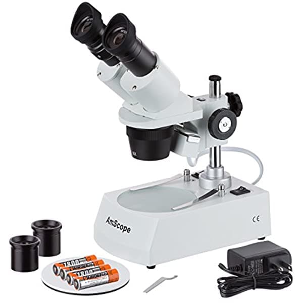 AmScope SE305R-PZ-LED Microscopio Estéreo Binocular de Montaje Frontal Oculares WF10X y WF20X 10X/20X/30X/60X Aumento Objetivos 1X y 3X Iluminación LED Reversible Placa de Platina Blanca/Negra Superior e Inferior Soporte de Pilar 120V o a Batería