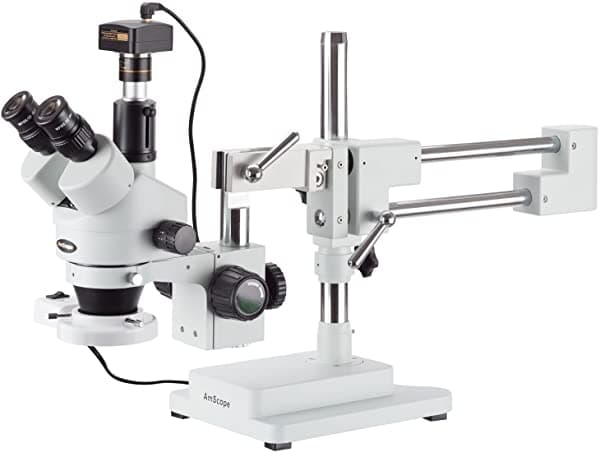 AmScope SM-4TP-FRL-M Microscopio Estéreo Trinocular Digital Profesional con Zoom y Control de Enfoque Simultáneo Oculares WH10X 7X-45X Zoom de Aumento 0.7X-4.5X Lente Aro Fluorescente de 8 W Soporte de Brazo Boom de Doble Brazo 110V-120V Incluye Cámara de 13 MP con Lente de Reducción y Software