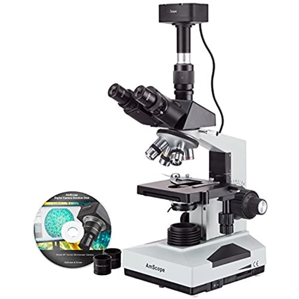 AmScope T490A-10MA Microscopio Trinocular Compuesto Digital Oculares WF10X y WF16X Deslizante 40X-1600X Aumento Iluminación Halógena de Campo Claro Condensador Abbe de Doble Capa Platina Mecánica Cabezal de Óptica de Alta Resolución Incluye Cámara de 10 MP con Lente de Reducción y Software