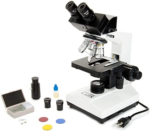 Celestron CB2000C Microscopio Binocular Compuesto con 40X-2000X de potencia, platina mecánica, 4 objetivos totalmente acromáticos, condensador Abbe, oculares 10X y 20X, foco coaxial, 10 portaobjetos preparados, 3 filtros de color, aceite de inmersión 44132