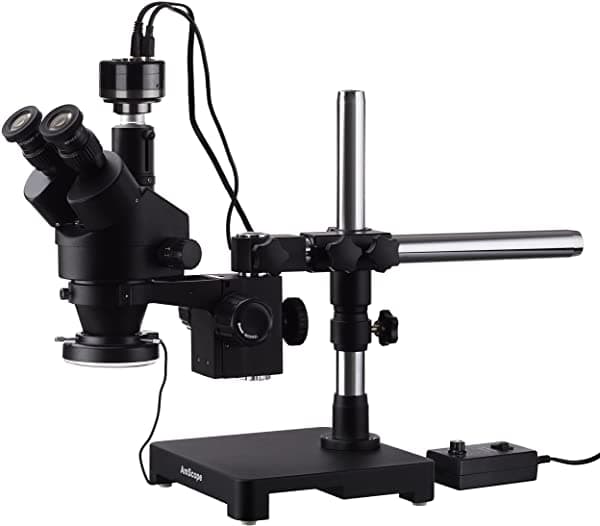 Amscope Microscopio Estéreo 7X-45X Negro Trinocular Con Zoom En Soporte De Brazo Único + Anillo De Luz Led 144 Con Cámara Hd Con Grabación Integrada SM-3T-144-HC2-B