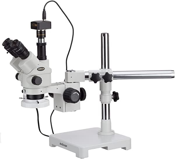 AmScope Microscopio Estéreo con Zoom 35X-90X Simul-Focal bloqueable y anillo fluorescente con cámara de luz de 10 MP SM-3NTPZ-FRL-10M