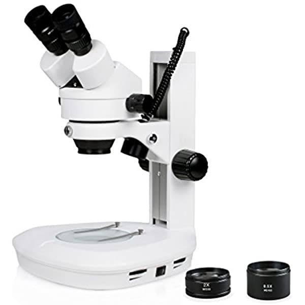 Vision Scientific VS-2EZ Microscopio Estéreo Binocular con Zoom, ocular de campo ancho 10X, rango de zoom 0.7X-4.5X, rango de ampliación 3.5X-90X, lente auxiliar 0.5X y 2X, iluminación LED, soporte de pista VS-2bZ