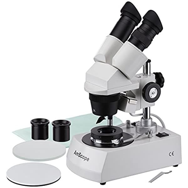 AmScope SE306-PY-DK Microscopio Estéreo Binocular, oculares WF10X y WF15X, ampliación 20X/30X/40X/60X, objetivos 2X y 4X, iluminación halógena reversible blanco/negro superior e inferior, placa de platina, soporte de pilar, 120V