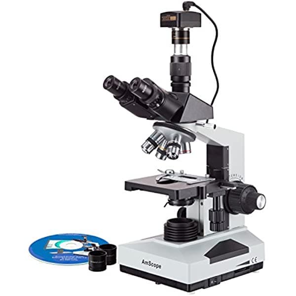AmScope T490B-3M Microscopio Trinocular Compuesto Digital, oculares WF10X y WF20X, platina deslizante, ampliación 40X-2000X, iluminación de campo claro, condensador Abbe, iluminación halógena, platina mecánica de doble capa, cabezal de óptica de alta resolución, incluye cámara de 3 MP con lente de reducción y software