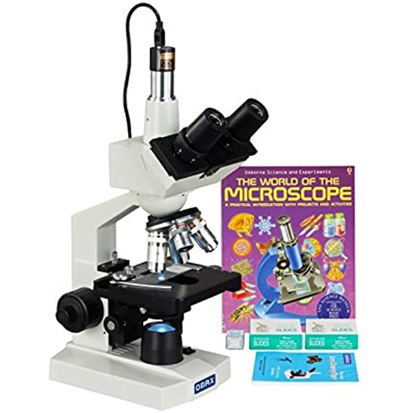 OMAX 40X-2500X - Microscopio Digital de Laboratorio (LED, cámara de 5 MP, portaobjetos en blanco, cubreobjetos, papel para lentes y libro) M83EZ-SCP-WM-C50S