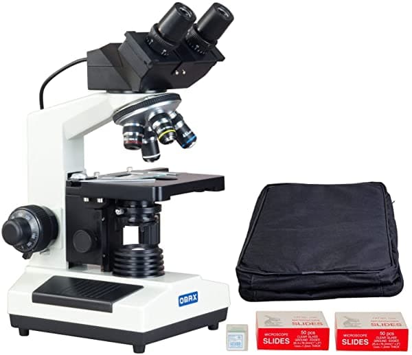 OMAX 40X-2000X Microscopio Compuesto Binocular Digital con cámara USB de 3.0 MP integrada, estuche de transporte de vinilo y 100 piezas de cubreobjetos de vidrio MD827S30-A183V-SC100