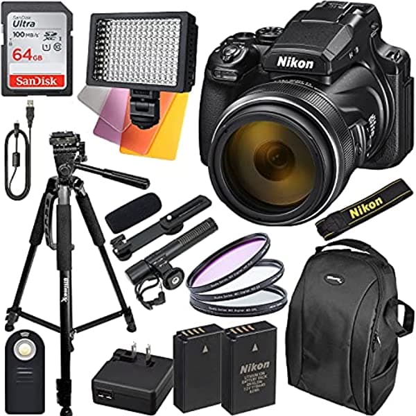 Nikon Coolpix P1000 Cámara Digital Con Paquete De Accesorios Esenciales - Incluye Sandisk Ultra 64Gb Sdxc 160 Led Video Light 60" Trípode Profesional Batería De Repuesto Suministrada Por El Vendedor Y Mucho Más NKCPP1000BLKGEB