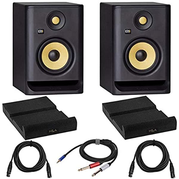 Krk Paquete De 2 Monitores De Estudio Rokit 5 G4 De 5 Pulgadas Paquete Negro Con 2 Almohadillas De Aislamiento Paquete De 2 Cables De Micrófono Xlr M A Xlr F De 15 Pies Cable Divisor En Y De 10 Pies