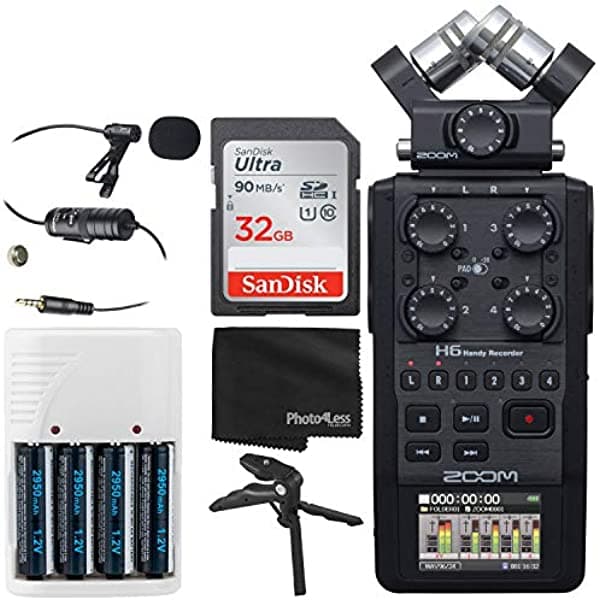 Zoom H6 - Grabadora Portatil de 6 Entradas y 6 Pistas con Capsula de Microfono Individual (Negro) + Tarjeta de Memoria de 32GB + Microfono de Condensador Lavalier + 4 Pilas AA y Cargador + Tripode de Escritorio ZH6AB