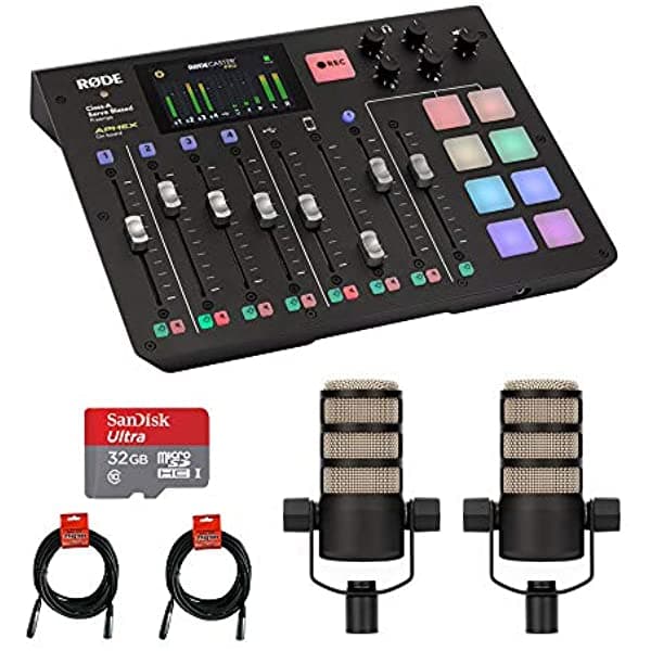 Rode Rodecaster Pro - Estudio De Producción De Podcast Integrado Con 2 Micrófonos Dinámicos Rode Podmic Tarjeta De Memoria Microsdhc De 32 Gb Y Paquete De 2 Cables Xlr