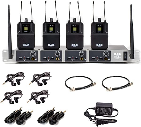 CAD Audio GXLIEM4 Sistema de Monitoreo Inalámbrico In Ear con 4 Mixes y 4 Auriculares MEB1 Receivers, Soportes de Rack y Kit de Relocalización de Antena, Negro AMS-GXLIEM4