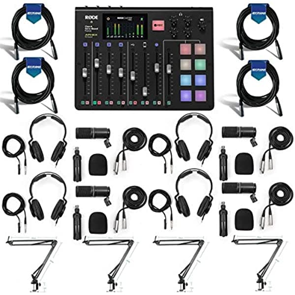 Rode Rodecaster Pro - Consola De Producción Integrada De Podcasts Paquete Con 4 Micrófonos Zoom Zdm-1 4 Brazos De Suspensión De Micrófono Technical Pro Arm1 4 Cables Xlr Micr De 20 Pies 0.276 In