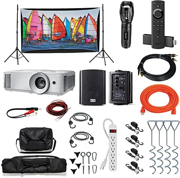 Backyard Theater Systems Kit De Teatro De Patio Trasero | Sistema De Serie Recreativa | Pantalla De Proyección Delantera Y Trasera De 9 Pies Con Proyector Hd Savi De 4000 Lúmenes Sistema De Sonido Dispositivo De Transmisión Con Wifi (Ez-950)