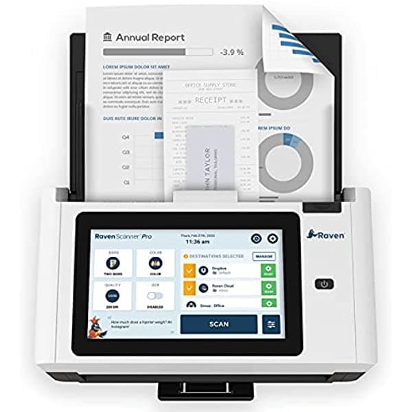 Raven Pro - Escaner de Documentos - Gran Pantalla Tactil LCD Alimentador Duplex a Color de Alta Velocidad (ADF) Escaneo Inalambrico a la Nube WiFi Ethernet USB Hogar u Oficina (Reacondicionado)