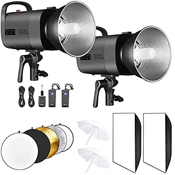 Neewer Kit Estroboscópico De Estudio De 600 W Incluye (2) Monolight De 300 W 5600 K Gn58 Con Soporte Bowens (2) Caja De Luz (1) Transmisor (2) Receptor (2) Paraguas (1) Reflector Para Fotografía De Estudio Y Video 10099414