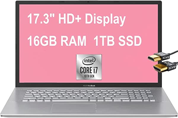 ASUS Vivobook 17 Flagship - Notebook de 17.3 pulgadas, pantalla HD+, Intel Quad-Core i7-1065G7 10ª generación, 16 GB RAM, 1TB SSD, Intel Iris Plus Graphics, USB-C, Bluetooth, Win10, plata + cable HDMI