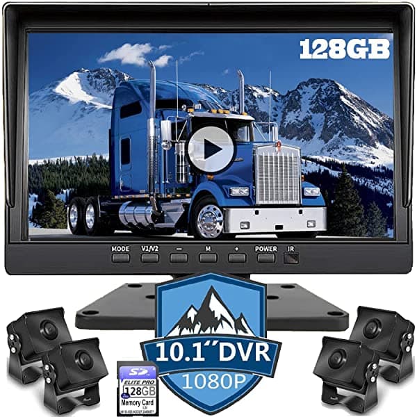 Truckeela Dash cam DVR de 128 GB con audio, pantalla de 10.1 pulgadas, 1080P, monitor y grabadora integrada con cámara de retroceso para remolque/camión, sistema de visión frontal con cable, 4 pantallas grandes divididas, resistente al agua, evita puntos ciegos