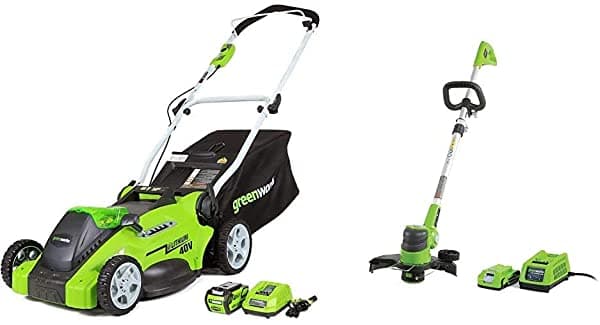 Greenworks G-Max - Cortacésped Inalámbrico De 40 V De 16 Pulgadas Con Batería De 4 Ah - Modelo 25322 Y Cortadora De Cuerdas De 24 V De 12 Pulgadas Batería De 2.0 Ah Incluida 21342