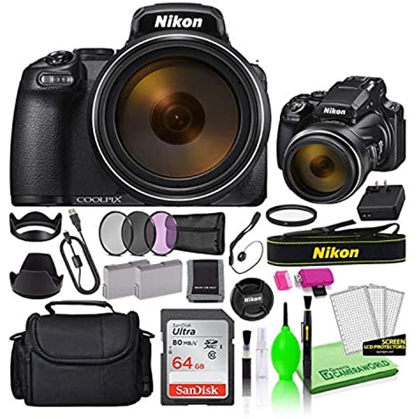 Nikon COOLPIX P1000 Cámara Digital 16MP Zoom Óptico 125x Kit Deluxe con Tarjeta SD 64GB, Bolsa, Filtros, Batería Extra y Kit de Limpieza 26522
