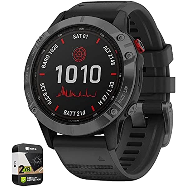 Garmin 010-02410-10 Fenix 6 Pro Solar Multisport Gps Smartwatch Negro Con Banda Gris Pizarra Paquete De Protección Mejorada Cps Premium De 2 Años E99GRFENIX6PROSBG