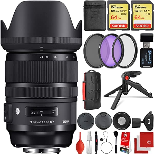 Sigma Lente Art de 0.945-2.756 in f/2.8 DG OS HSM Canon EF-Mount, bundle con 2 tarjetas de memoria de 64 GB, mando a distancia IR, kit de filtro de 3 piezas, correa de muñeca, lector de tarjetas, estuche de tarjeta de memoria, trípode de mesa SIG2470CANK1
