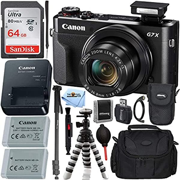Canon Powershot G7 X Mark Ii Cámara Digital (Negro) Con Paquete De Accesorios Definitivo Incluye Tarjeta De Memoria Sdxc Ultra De 64 Gb Batería Adicional Monopie De 72 Pulgadas Agarre De 8 Pulgadas Funda De Transporte Y Más
