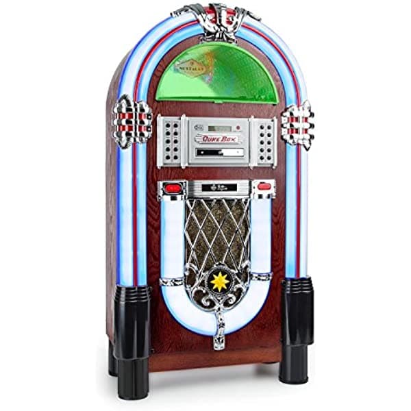 Auna Graceland Jukebox - Usb Sd Aux Radio Am/Fm Mp3 Reproductor De Cd Led Estilo Clásico De Los Años 50 Ecualizador De 2 Bandas Reproducción Programable Madera Marrón 00819885021297US