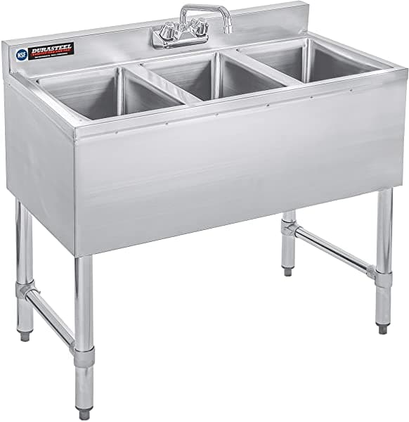Durasteel Fregadero De Barra De Acero Inoxidable De 3 Compartimentos Con Cuenco De 10 Pulgadas De Largo X 14 Pulgadas De Ancho X 10 Pulgadas De Profundidad. Cuenca Debajo De La Barra - Certificado Nsf - Sin Escurridor Grifo Incluido (Restaurante Cocina Hotel Bar)