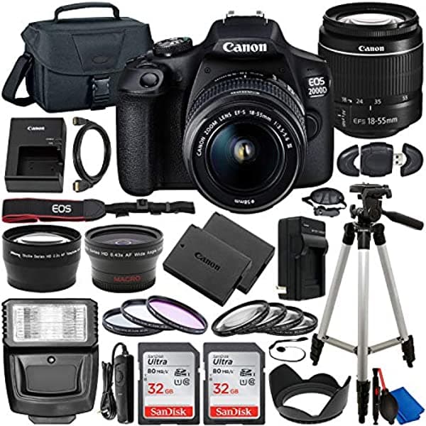 Canon Eos 2000D (Rebel T7) Cámara Dslr Con Ef-S 18-55 Mm F/3.5-5.6 Dc Iii Bundle De Accesorios Y Accesorios De Lujo-Incluye: 2X Sandisk Ultra 32Gb Sdh CN2000D1855IIIGDB1