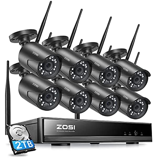 Zosi Sistema Inalámbrico De Cámara De Seguridad Para El Hogar 2K H.265+ 8Ch Cctv Nvr Con Disco Duro De 2 Tb Para Grabación 24/7 Y 8 X 1080P Cámara Ip Wifi De Coincidencia Automática Para Exteriores En Interiores Visión Nocturna Acceso Remoto ZSWNVK-H82082-B-US-A